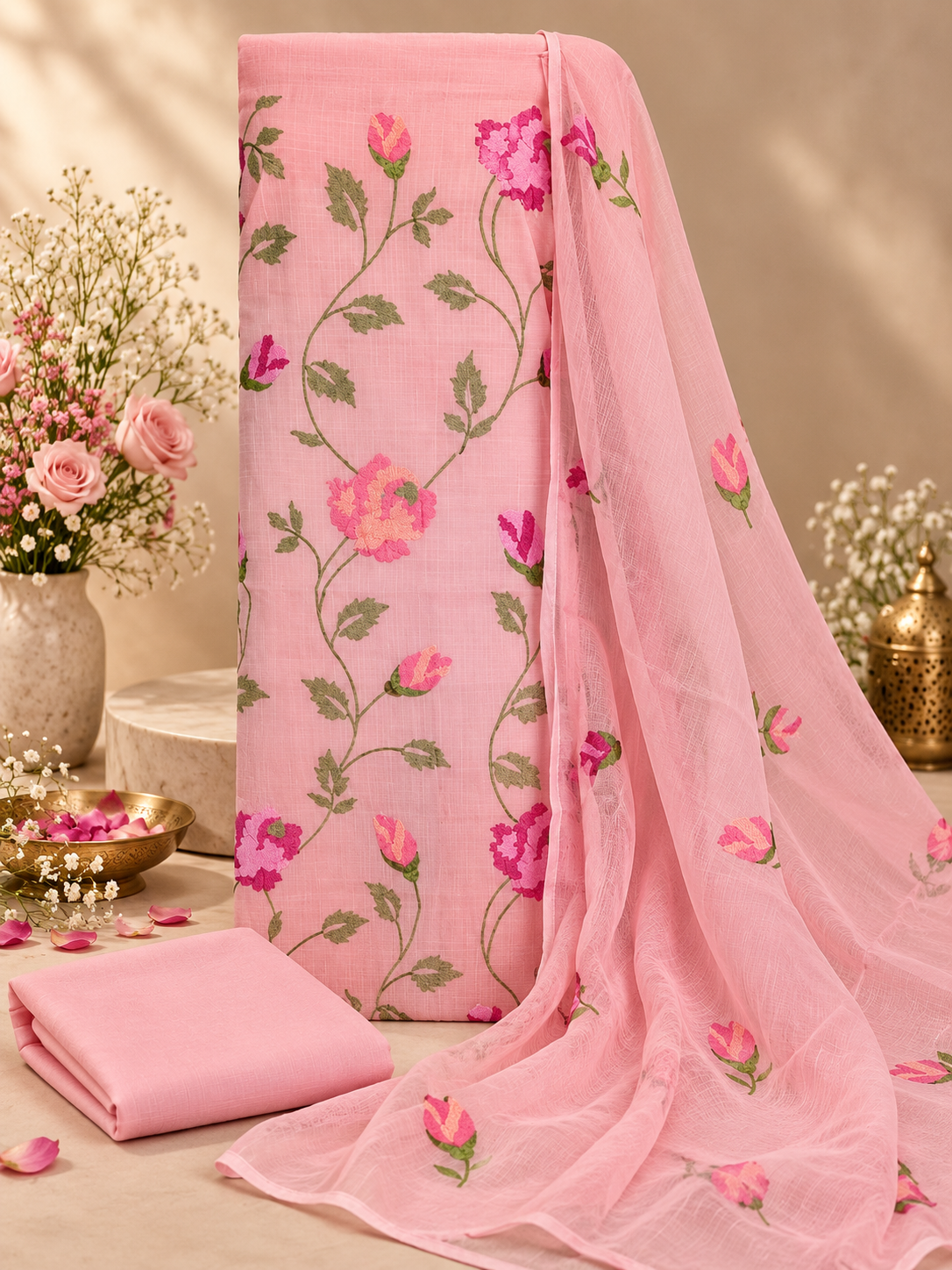 Classic Kota Doria Cotton Unstitched 2-Piece Kurti | Blush Coral Pink