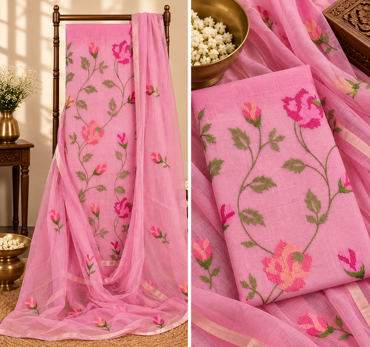 Classic Kota Doria Cotton Unstitched 2-Piece Kurti | Rose Pink