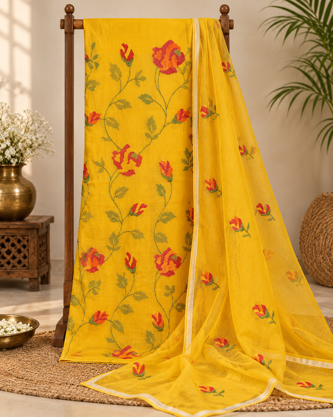 Classic Kota Doria Cotton Unstitched 2-Piece Kurti | Mustard Yellow