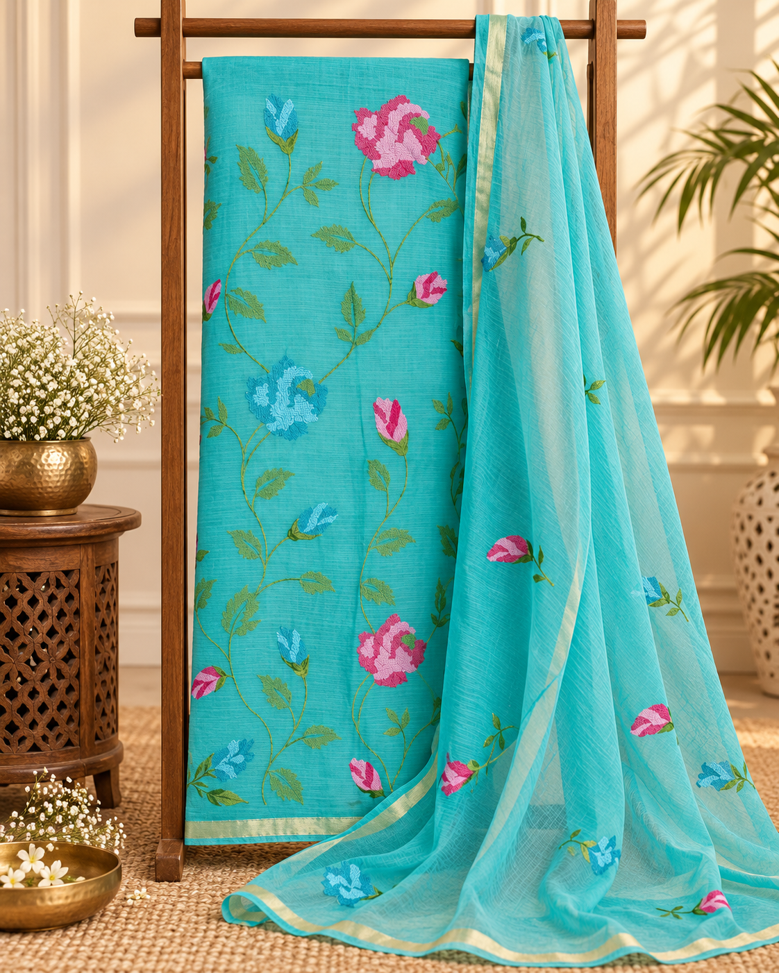 Classic Kota Doria Cotton Unstitched 2-Piece Kurti | Turquoise Blue