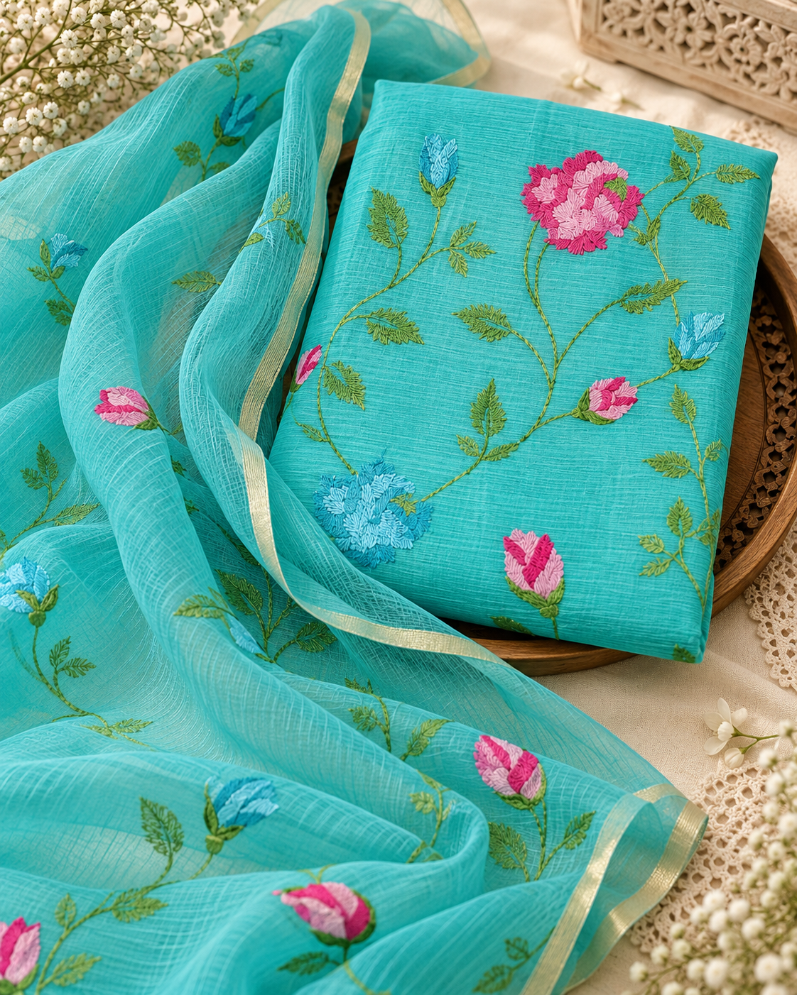 Classic Kota Doria Cotton Unstitched 2-Piece Kurti | Turquoise Blue