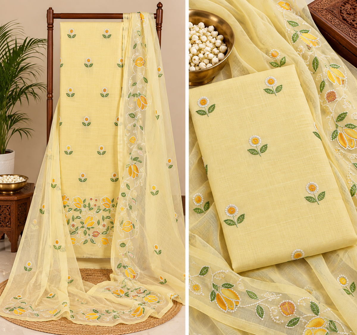 Classic Kota Doria Cotton Unstitched 2-Piece Kurti | Pastel Yellow