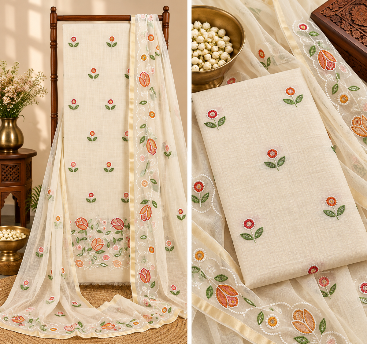Classic Kota Doria Cotton Unstitched 2-Piece Kurti | Warm Ivory