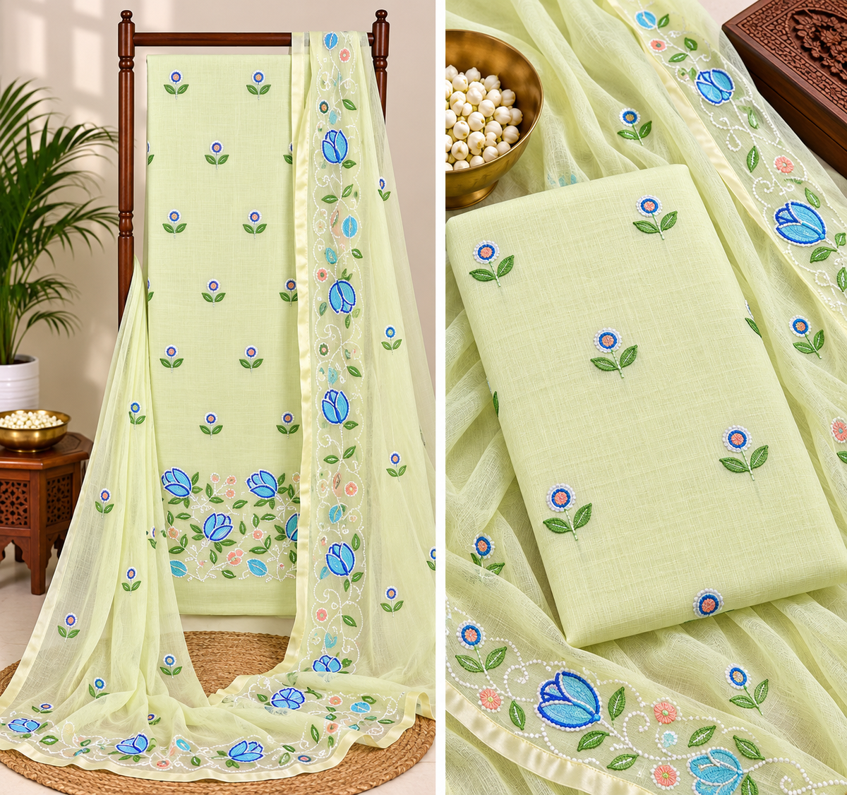 Classic Kota Doria Cotton Unstitched 2-Piece Kurti | Mint Green