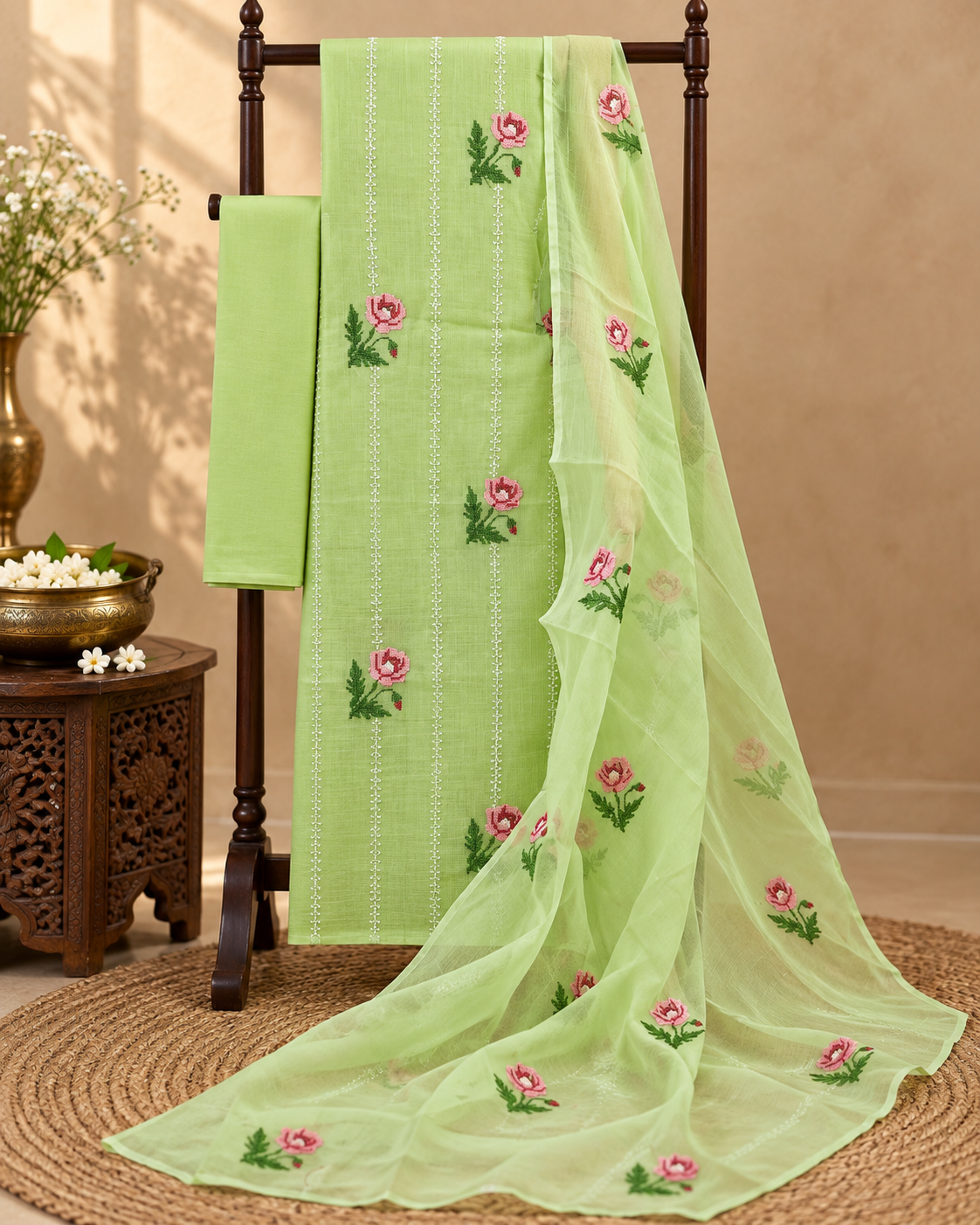 Classic Kota Doria Cotton Unstitched 2-Piece Kurti | Parrot Green