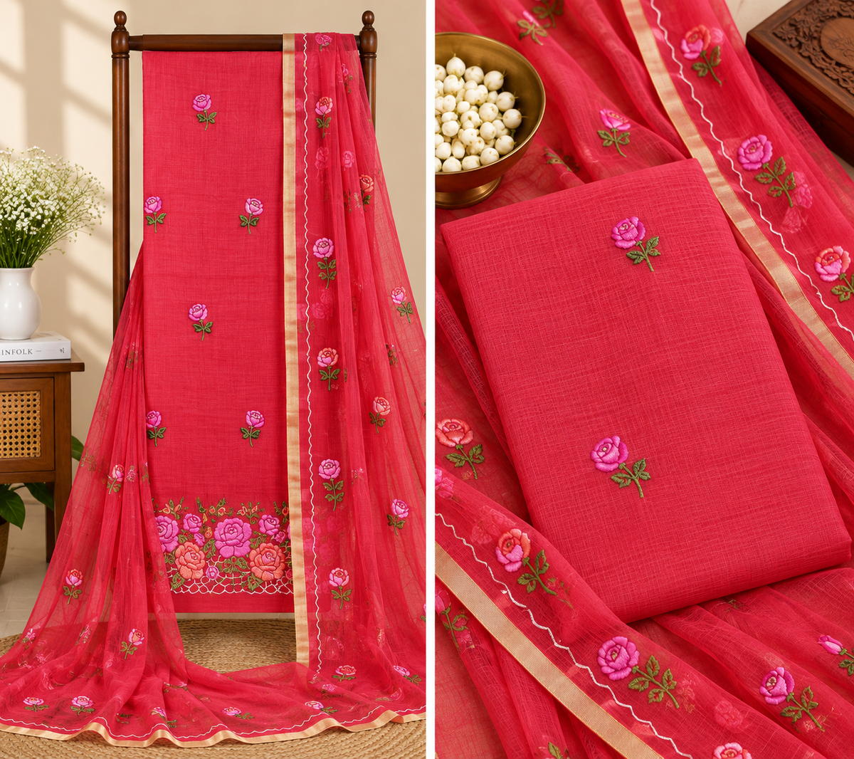 Classic Kota Doria Cotton Unstitched 2-Piece Kurti | Red