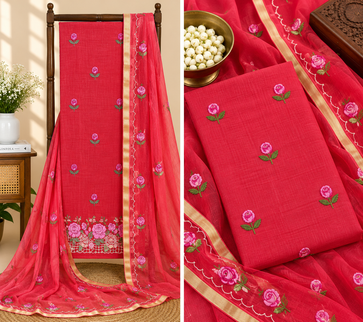 Classic Kota Doria Cotton Unstitched 2-Piece Kurti | Red