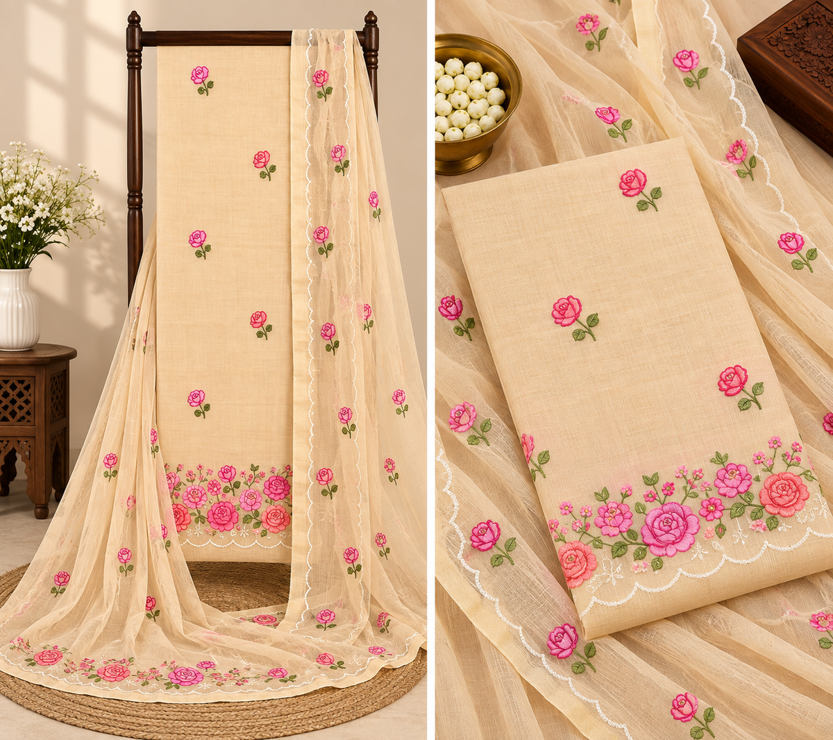 Classic Kota Doria Cotton Unstitched 2-Piece Kurti | Champagne Beige