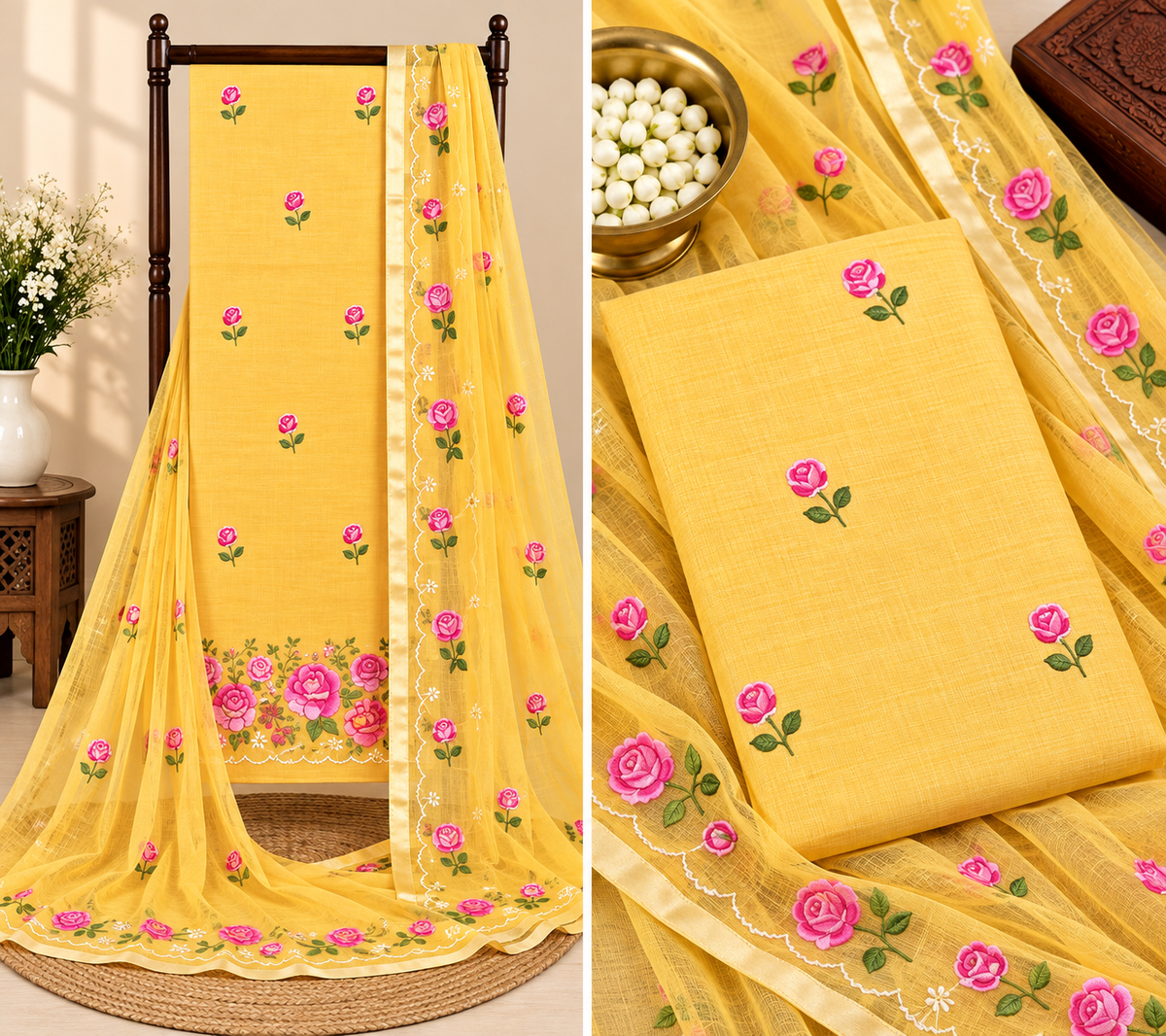 Classic Kota Doria Cotton Unstitched 2-Piece Kurti | Marigold Yellow