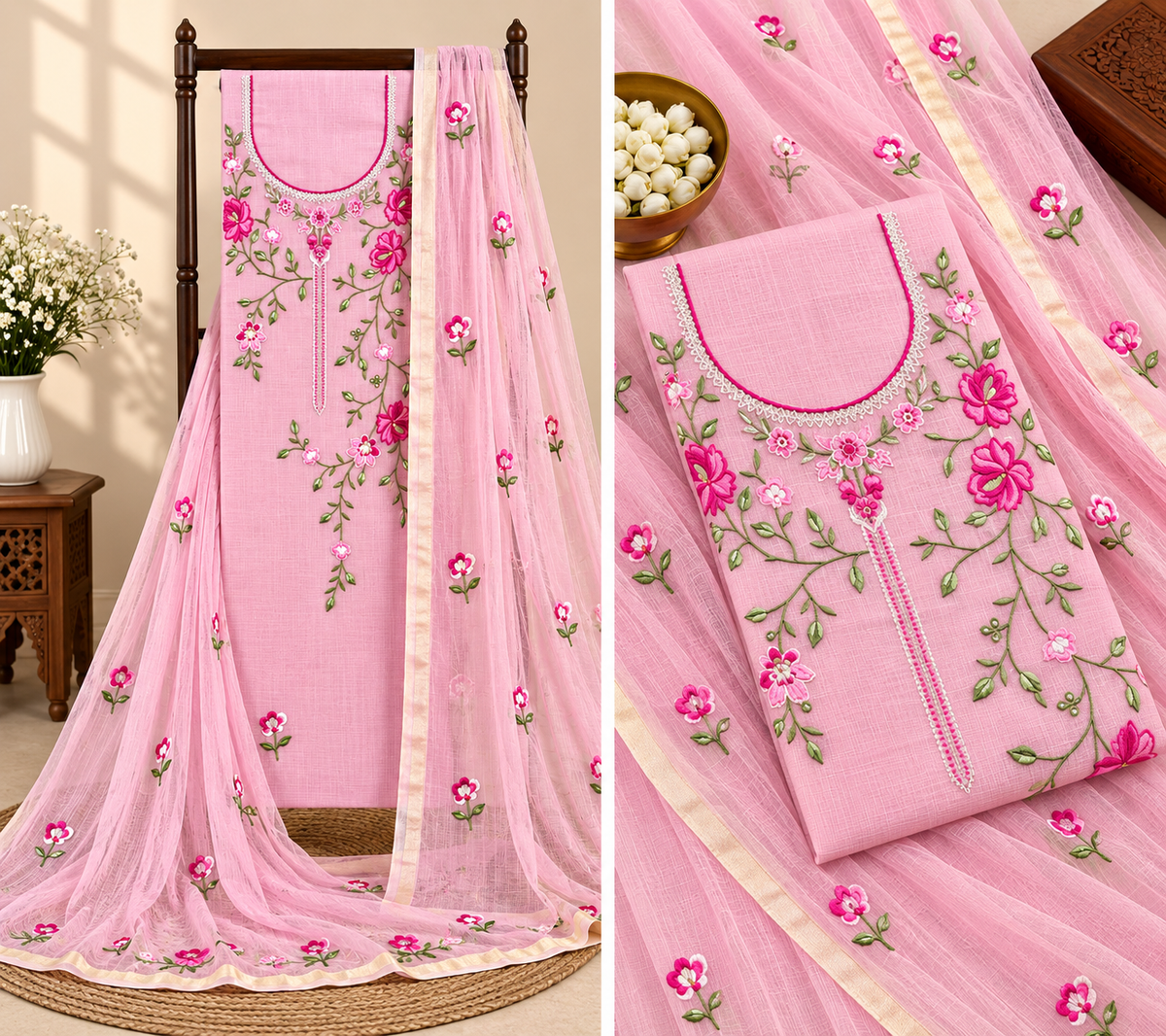 Classic Kota Doria Cotton Unstitched 2-Piece Kurti | Pink