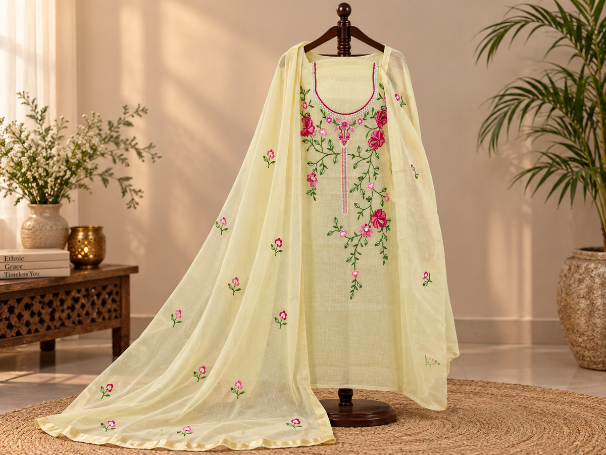 Classic Kota Doria Cotton Unstitched 2-Piece Kurti | Pastel Yellow