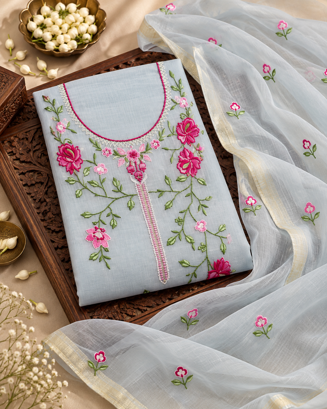 Classic Kota Doria Cotton Unstitched 2-Piece Kurti | Silver Blue