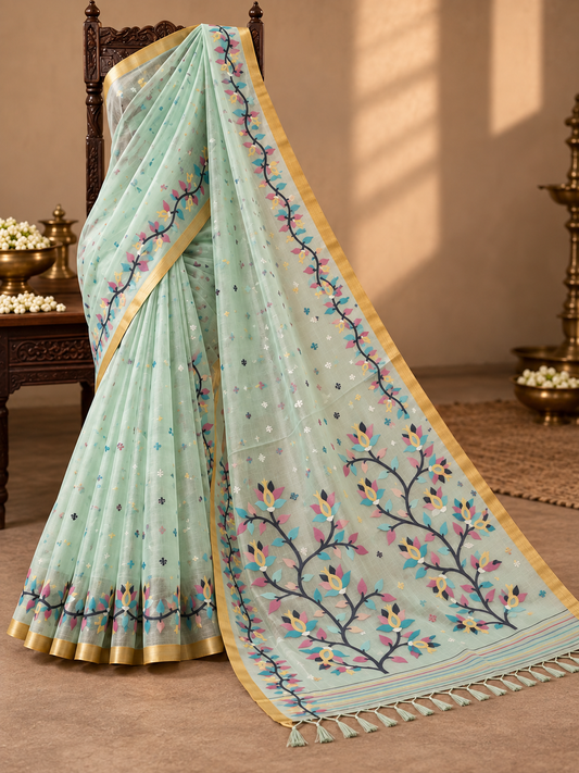 Handwoven Jamdani Muslin Saree | Pastel Mint