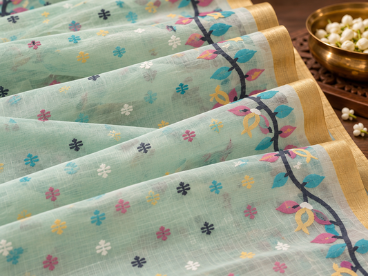Handwoven Jamdani Muslin Saree | Pastel Mint