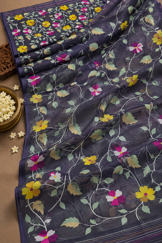 Handwoven Jamdani Muslin Saree | Deep Purple