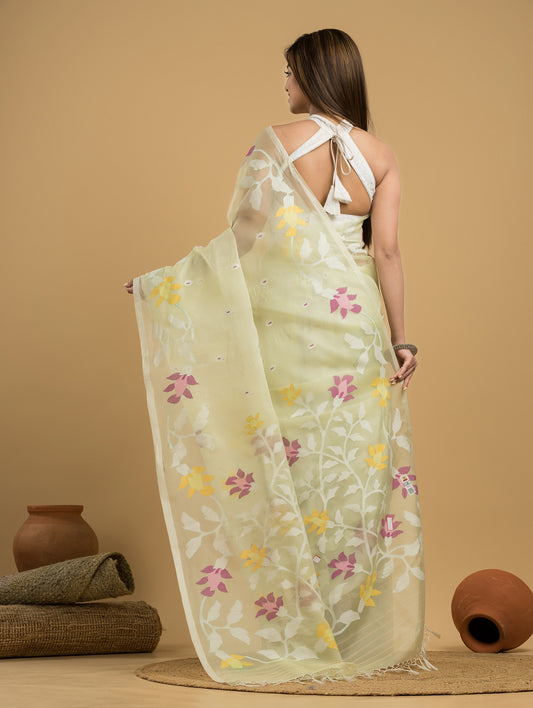 Handwoven Pure Jamdani Muslin Saree  |  Cream Beige
