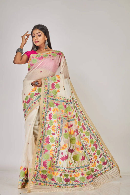 Handwoven Pure Jamdani Muslin Saree  |  Almond Beige