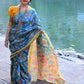 Traditional Handpainted Pen Kalamkari Tussar Silk Saree  |  Peacock Teal
