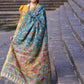 Traditional Handpainted Pen Kalamkari Tussar Silk Saree  |  Peacock Teal
