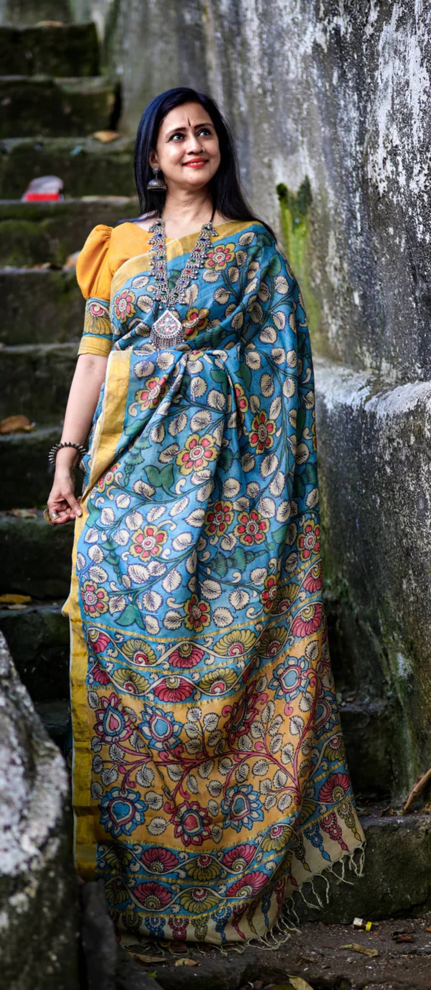 Traditional Handpainted Pen Kalamkari Tussar Silk Saree  |  Peacock Teal