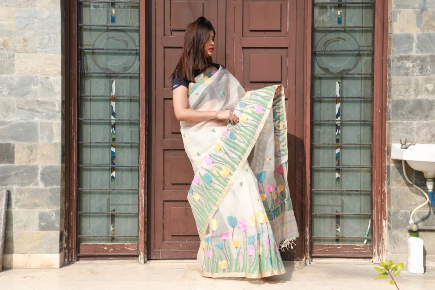 Exclusive Off White Multicolor Tulips Silk Jamdani Saree-035