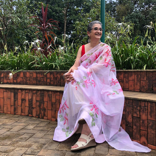 Pink Fuchsia Floral Garden-Pure Silk Organza Hand-painted Saree-005