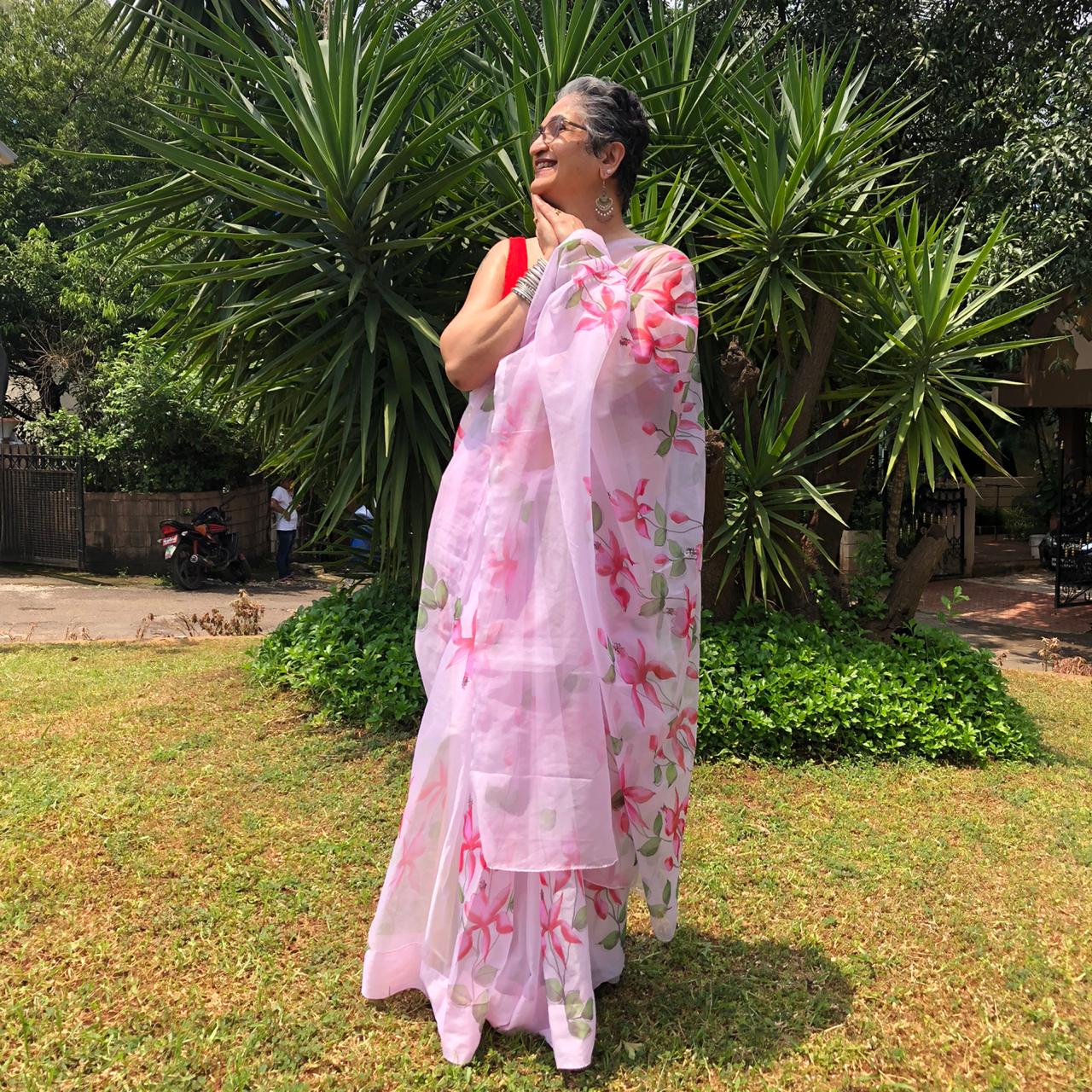 Pink Fuchsia Floral Garden-Pure Silk Organza Hand-painted Saree-005