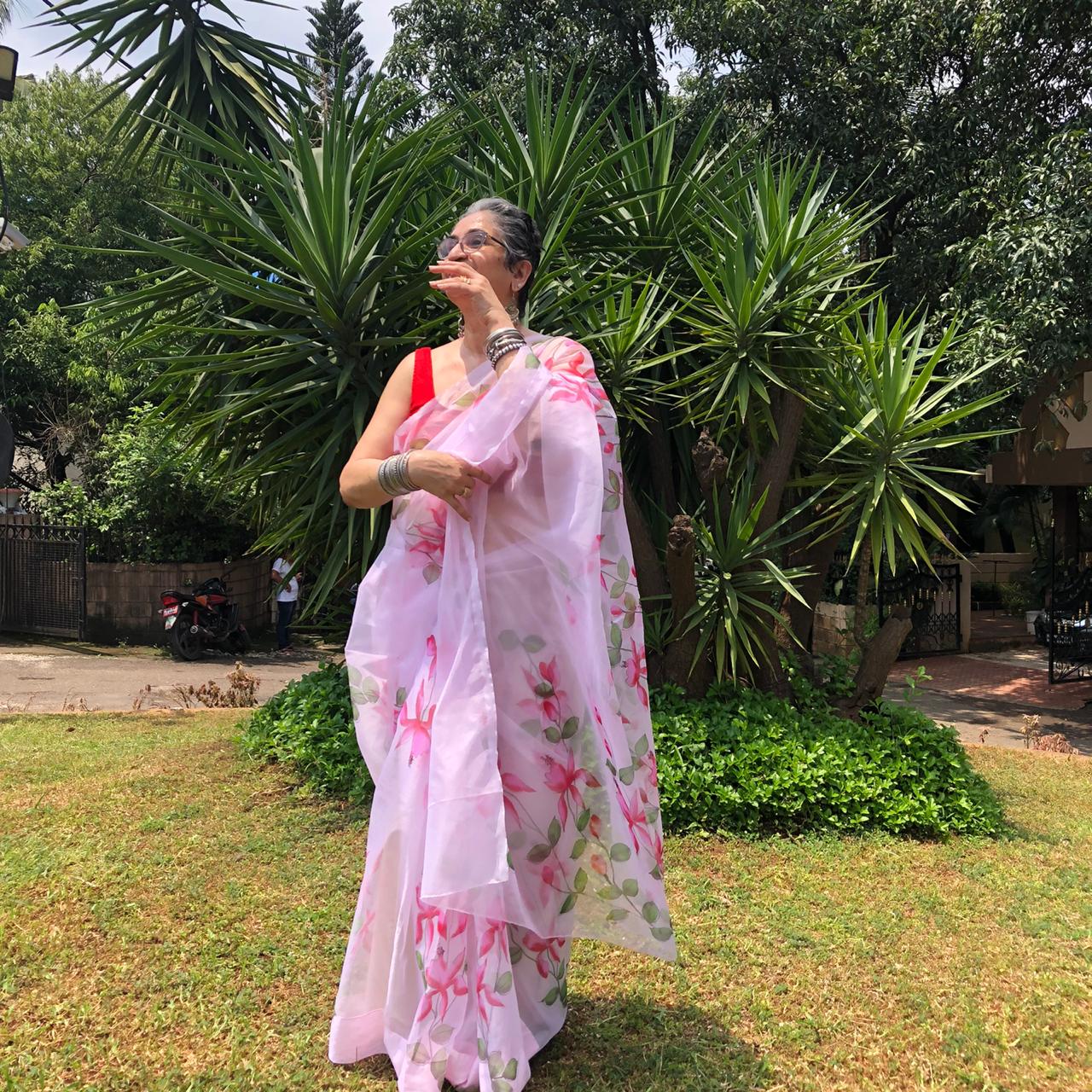 Pink Fuchsia Floral Garden-Pure Silk Organza Hand-painted Saree-005