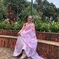Pink Fuchsia Floral Garden-Pure Silk Organza Hand-painted Saree-005