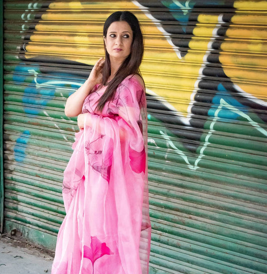 The Hibiscuses Garden Florals in Pink-Organza Hand-painted Saree-012