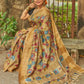 Exclusive  Pen Kalamkari Sari in Molten Gold All Over Floral in Tussar Silk-005