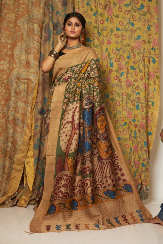 Traditional Handpainted Pen Kalamkari Tussar Silk Saree  |  Peacock Teal