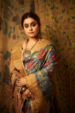 Traditional Handpainted Pen Kalamkari Mulberry Silk Saree  |  Steel Blue