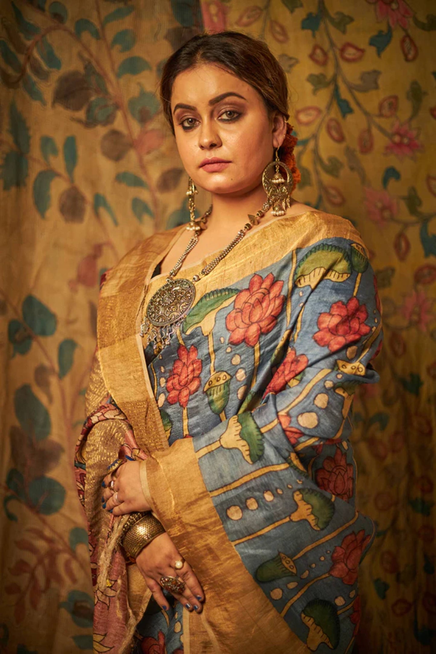 Traditional Handpainted Pen Kalamkari Mulberry Silk Saree  |  Steel Blue
