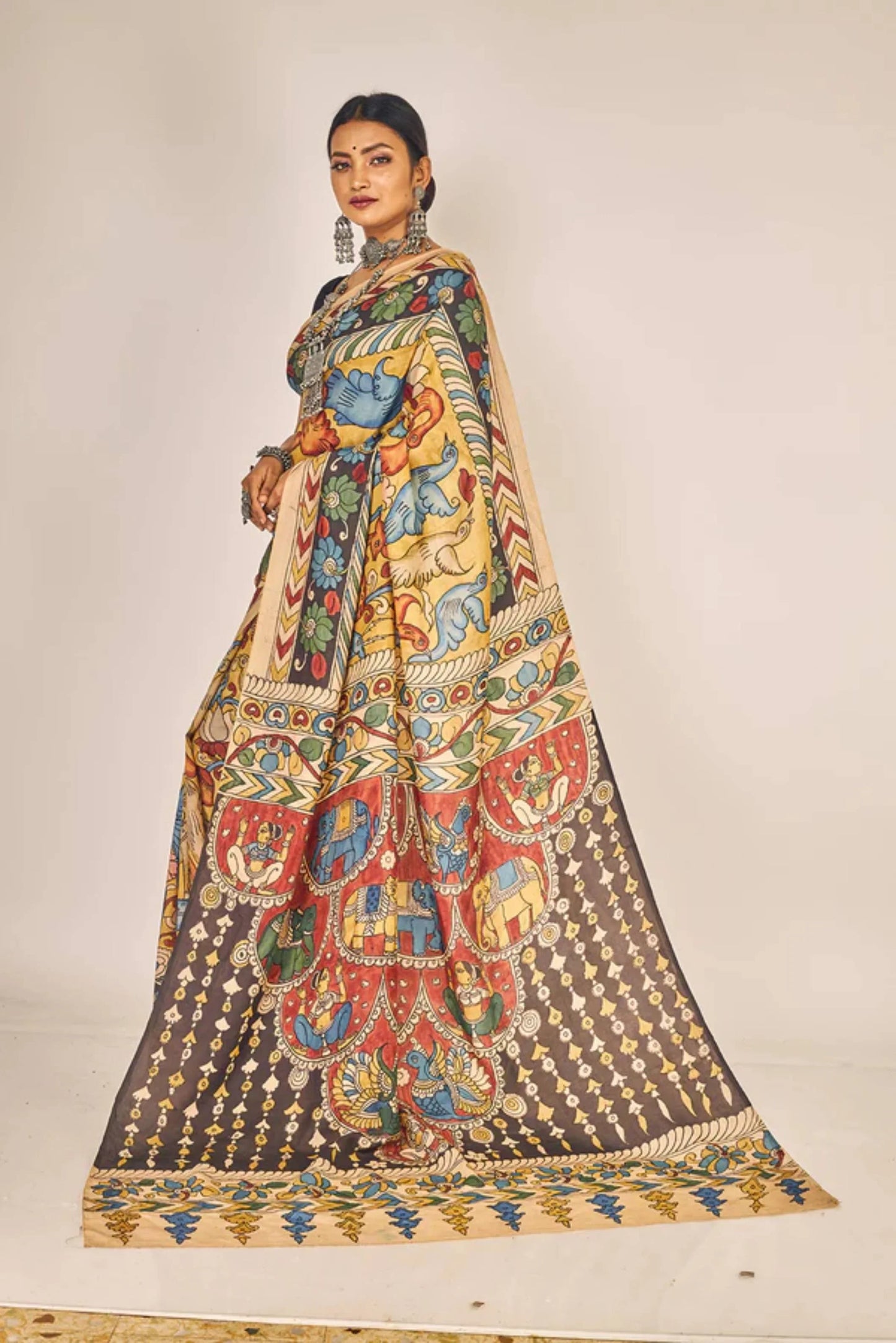 Exclusive Pen Kalamkari Sari  Motifs of Ajanta Paintings Swams On Mulberry Silk -010