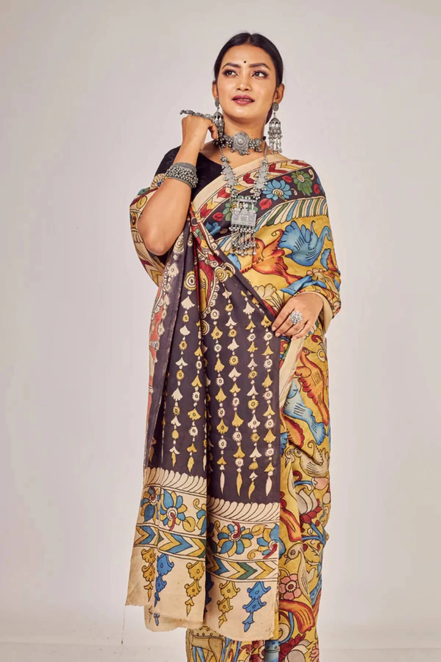 Exclusive Pen Kalamkari Sari  Motifs of Ajanta Paintings Swams On Mulberry Silk -010