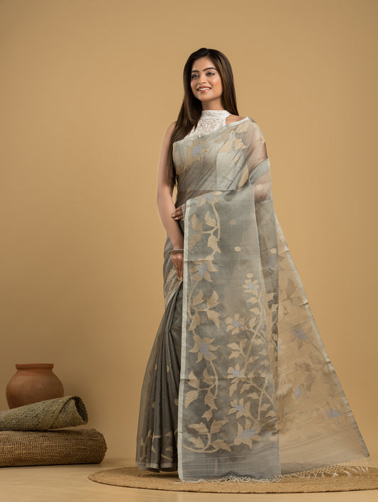 Cotton Silk Jamdani Saree With Steel Grey  - 027