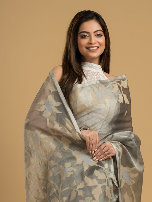 Cotton Silk Jamdani Saree With Steel Grey  - 027