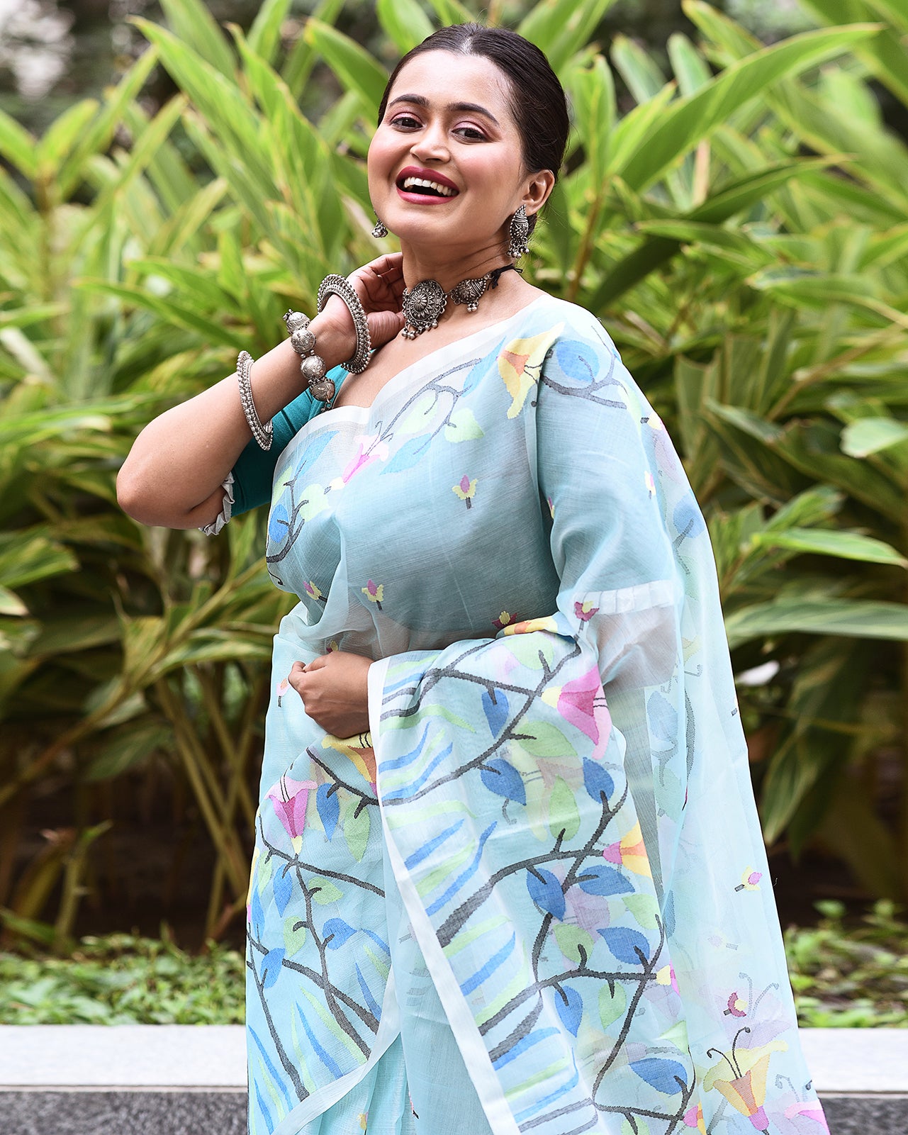 Handwoven Pure Jamdani Muslin Saree  |  Cyan Teal