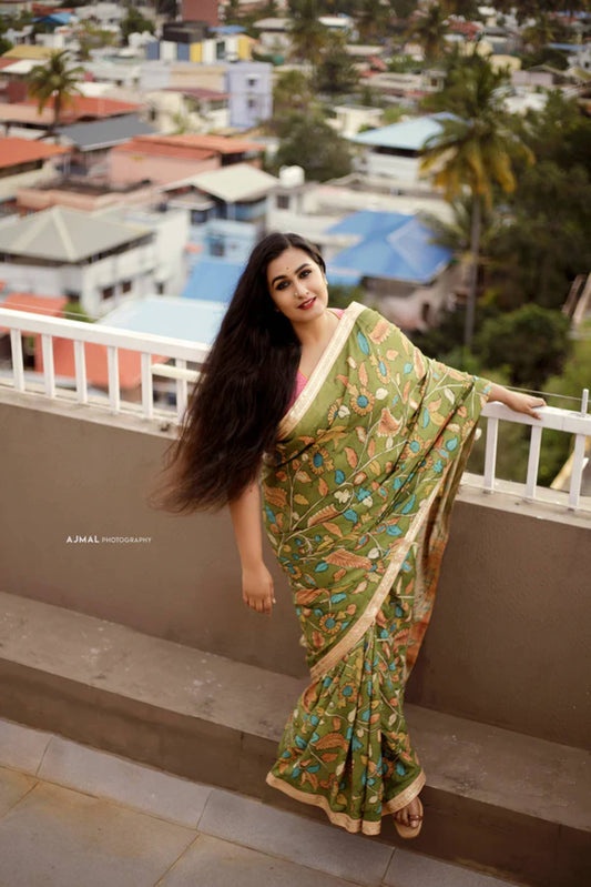 Traditional Handpainted Pen Kalamkari Tussar Silk Saree  |  Pistachio Green