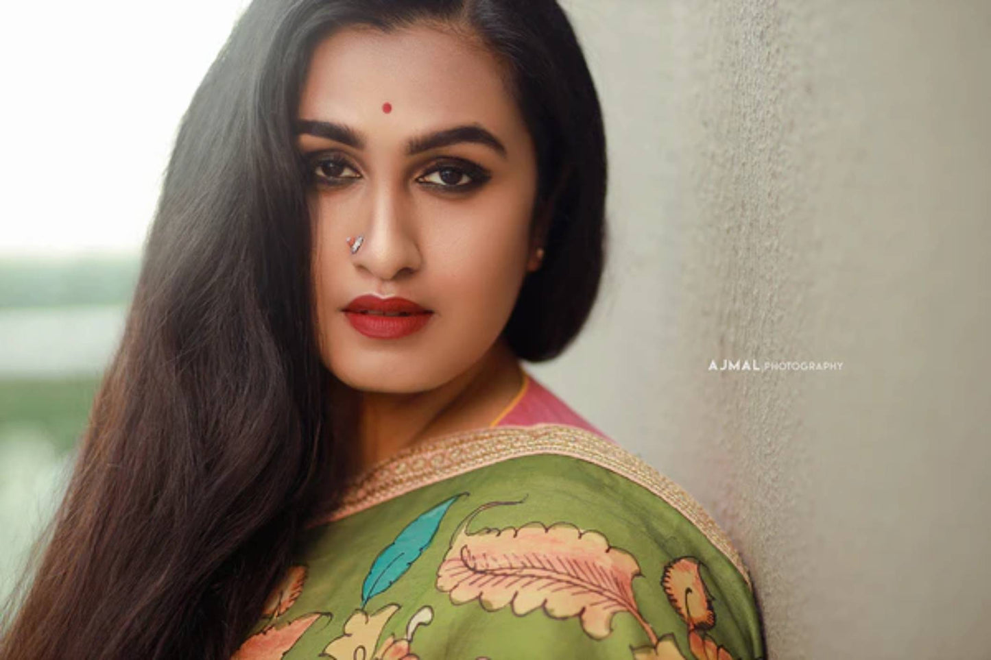Traditional Handpainted Pen Kalamkari Tussar Silk Saree  |  Pistachio Green