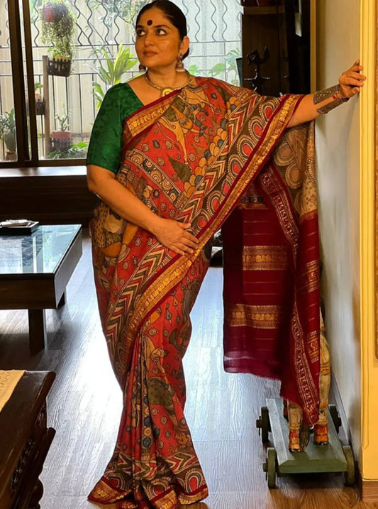 Traditional Handpainted Pen Kalamkari Tussar Silk Saree  |  Terracotta Red