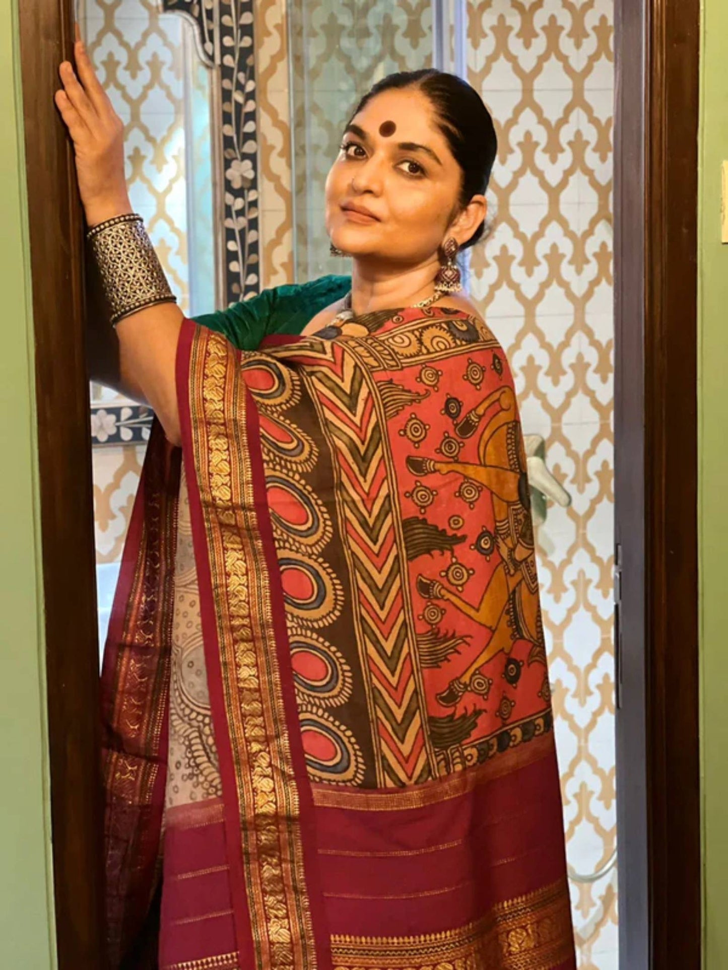 Traditional Handpainted Pen Kalamkari Tussar Silk Saree  |  Terracotta Red