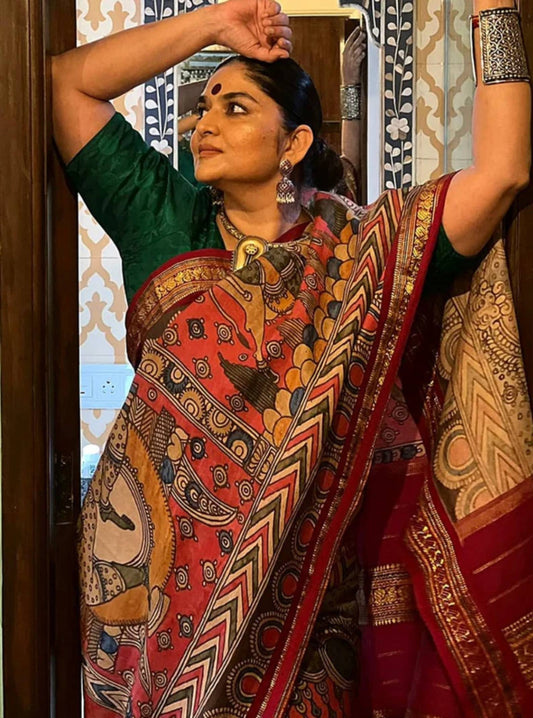 Traditional Handpainted Pen Kalamkari Tussar Silk Saree  |  Terracotta Red