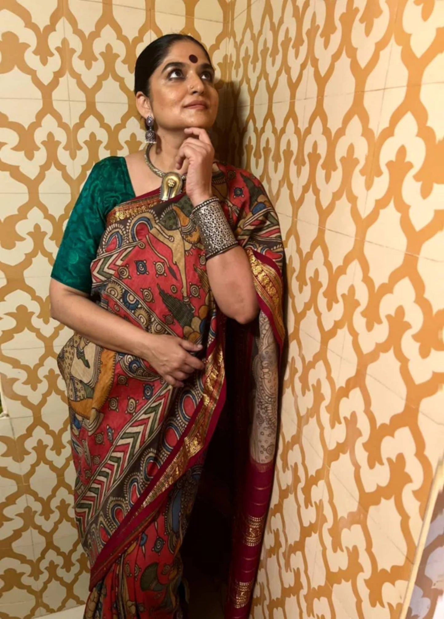 Coral Orange Kanjivaram Silk Kalamkari Saree - 022
