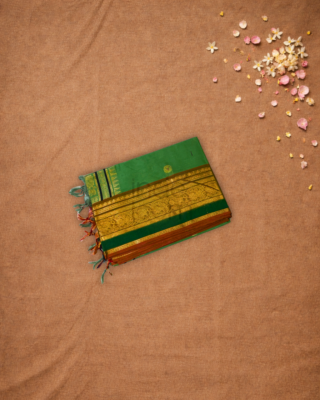 Chettinad Cottton Saree With Green with gold buttis