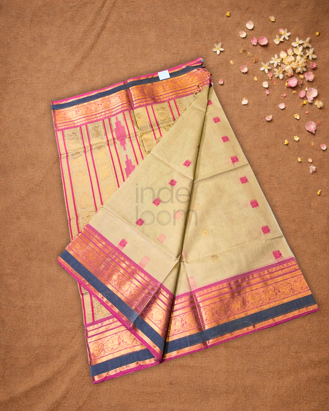 Chettinad Cottton Saree With Cream with pink border