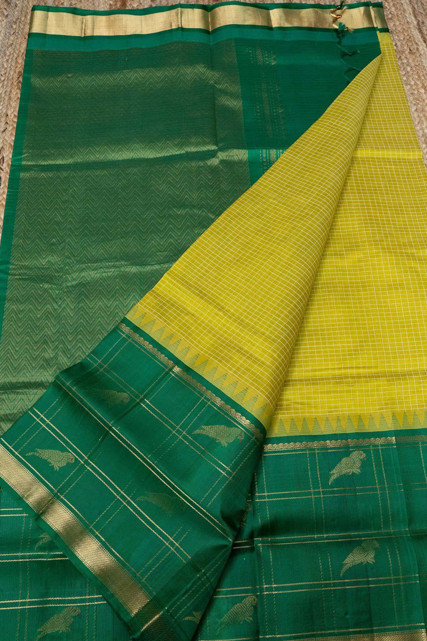 Pure handloom Korvai Silk Cotton Saree in Neon Yellow With Pine Green Pallu - 103
