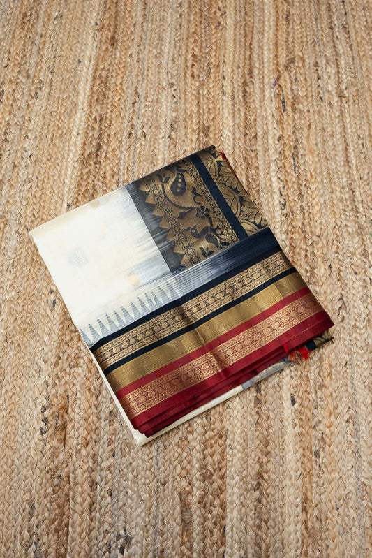 Pure handloom Korvai Silk Cotton Saree in Snow White and Coal Black Berry Red Pallu - 034