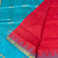 Pure handloom Korvai Silk Cotton Saree in Classic Red With Sky Blue Pallu - 077